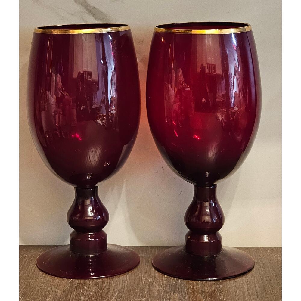 Vintage Home Essentials GOLDEN RUBY Red Water Goblet Wold Trim Set of 2